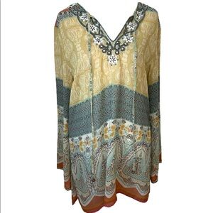 Soft Surroundings Beaded Embellished Boho Blouse Multi Color Size Small